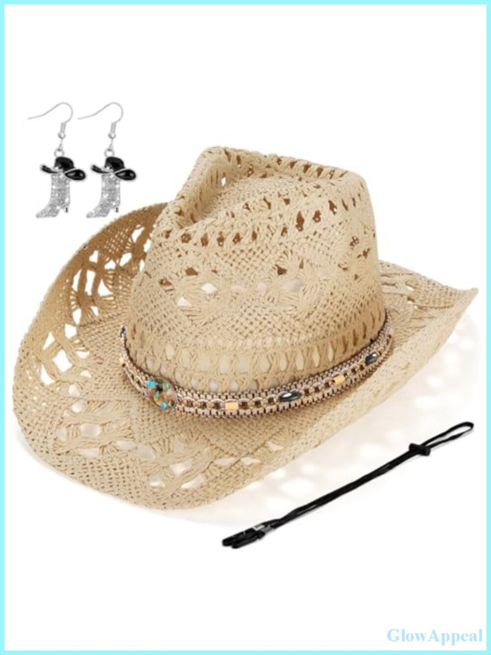 Straw Cowboy Hat for Women Western Cowgirl with Boot Earrings